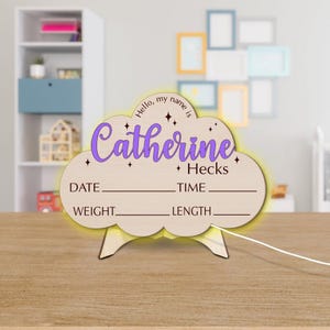 Personalised Baby Name Light Wood Sign, LED Lamp for Baby Girls, Custom Floral Plaque with Name, Nursery Decor, Baptism Baby Shower Gift