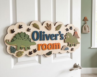 Personalized Wooden Kids Door Sign, Custom Name Plaque, Dinosaur or Butterfly Nursery Decor