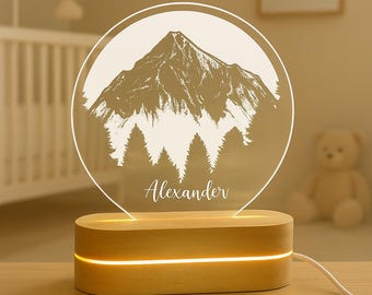 Personalized Mountain Night Light | Custom Name Wooden Base LED Lamp