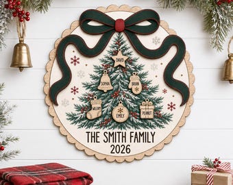 Personalized Family Christmas Sign, Custom Name Tree Door Hanger, Christmas Gift