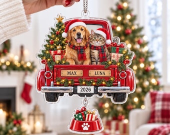 Personalized Pet Christmas Ornament, Custom Dog & Cat Names, Red Truck Acrylic Ornament