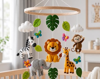 Mobile Safari pour lit de bébé, Mobile pour chambre de bébé jungle en feutre, décoration de chambre d'animaux, Mobile pour bébé en feutre fait main, cadeau de baby shower