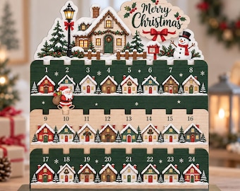 Custom Christmas Countdown Calendar Wooden Stand, 24-Day Advent, Santa Village Decor