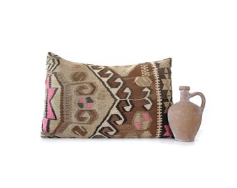 ヴィンテージトルコキリム枕：10x20ウールランバークッションカバー