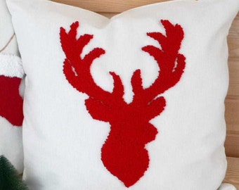 Reindeer, Handmade Punch Needle, Decorative Pillows, Hand Tufted Punch Needle Pillow, Embroidered Cushion Cover, Embroidery Pillow, Punch