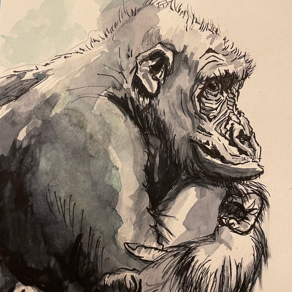 Jungle - Orang Utan - Affe -Portrait - Relax - animal decor -Wallart - Wilderness - 14,8 cm x 21cm Aquarell