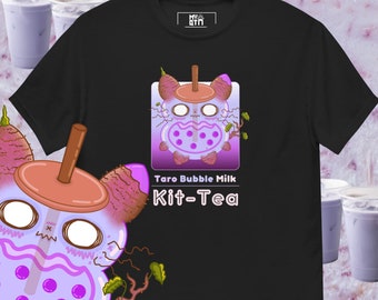 May include: Black t-shirt featuring a cartoon illustration of a taro bubble tea with a purple and white design. The text "Taro Bubble Milk Kit-Tea" is printed below the illustration.