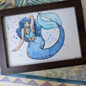 Blue Mermaid Original Watercolor Painting 5x7&quot;
