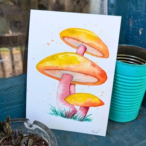 Aquarelle trio de champignons d'été - Petite carte postale de 5 x 7 pouces