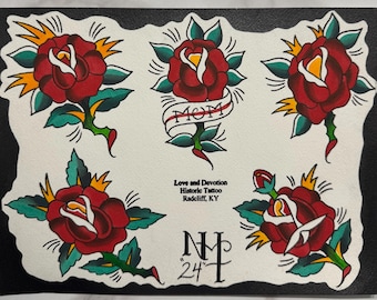 Original Hand Painted Traditional Rose Tattoo Flash Sheet 12in X 9in