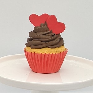 Fake Valentine&#39;s Cupcake with Chocolate Icing & Two Red Hearts