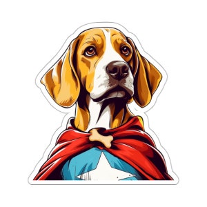 May include: A cartoon illustration of a beagle dog wearing a red and blue superhero cape with a white star. The dog has brown and white fur and is looking to the right.