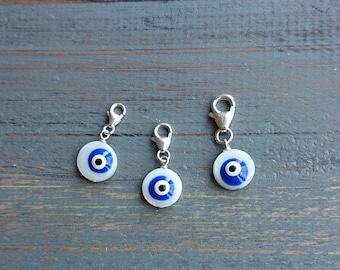 Evil Eye Shell Charm in argento sterling, Blue Eye Clip On Bracelet Necklace Charm protettivo, regalo di compleanno, charm di pietre preziose con piccola chiusura