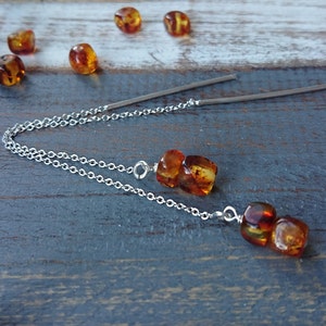 Natural Amber 925 Sterling Silver Drop Chain Threader Earrings, Baltic Amber Dainty Birthday Gift, Honey Amber Jewellery, OnlyLolaJewellery