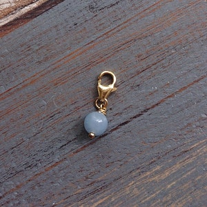Dainty Blue Angelite 14K Gold Filled Charm, Something Blue for Bride, Clip On Chain, Purse Zip Gift, Genuine Gemstone Charm With Small Clasp