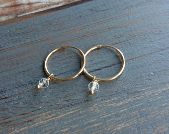 Clear Quartz 14K Gold Filled Hoop Earrings, April Birthstone Jewellery Gift, Gemstone Accessory, Natural Crystal Dainty Charm Earrings