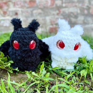 May include: Two plush toys made of fuzzy yarn, one black and one white. Both creatures feature large, round, glossy red eyes and small pointed ears. The toys have a soft, textured appearance and are positioned side by side on green grass.