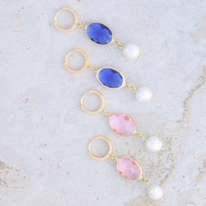 Pink or Blue Crystal and Baroque Pearl Dangle Earrings historically inspired Renaissance to Edwardian