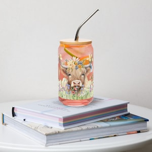 Floral Highland Cow Glass Can Cup – 16oz Iced Coffee Tumbler with Lid & Straw