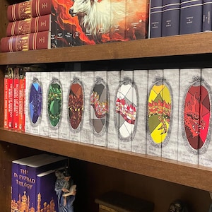 May include: A bookshelf displays a collection of fantasy books. The spines of the books feature colorful, stained-glass-style dragon designs. Other books on the shelf have burgundy and navy blue covers. The books are arranged on a wooden bookshelf.