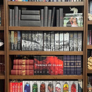 May include: A wooden bookshelf filled with various books. The books are of different sizes and colors, with some featuring the text "THRONE OF GLASS" and "THE DAEVABAD TRILOGY". Decorative items are also present.