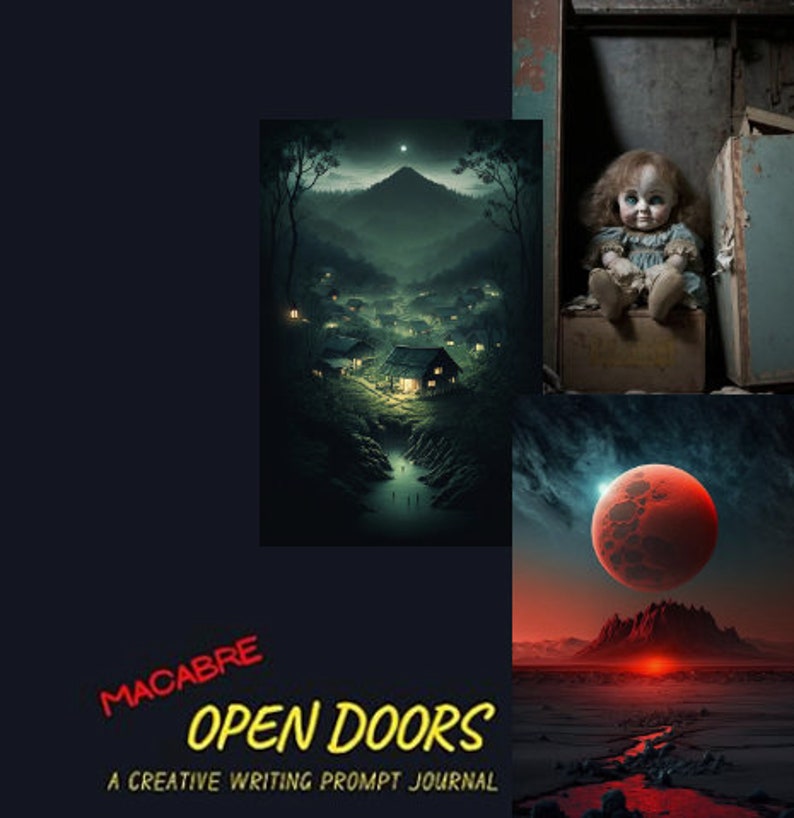 Op de afbeelding: Een collage van drie afbeeldingen met een donker, mysterieus thema. De eerste afbeelding toont een klein dorpje, genesteld in een donker bos met een enkele ster aan de hemel. De tweede afbeelding toont een porseleinen pop die op een houten plank in een donkere kamer zit. De derde afbeelding toont een rode planeet in een donkere hemel boven een dorre landschap.
