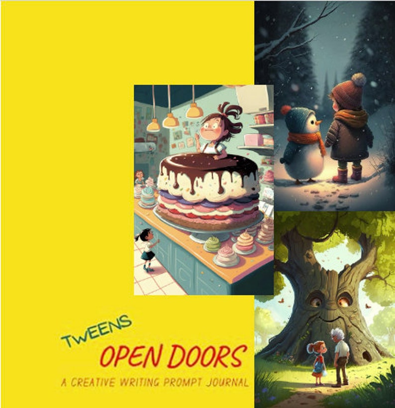 Op de afbeelding: Een gele achtergrond met de tekst "Tweens Open Doors A Creative Writing Prompt Journal". De afbeelding is verdeeld in drie secties. De linkerbovenste sectie toont een meisje dat op een grote chocoladetaart staat. De rechterbovenste sectie toont een pinguin en een meisje in een besneeuwd bos. De rechterbeneden sectie toont een boom met een gezicht en twee kinderen die ervoor staan.