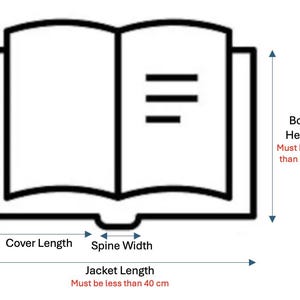 May include: Line drawing of an open book with text and labels indicating measurements. The text reads "Cover Length", "Spine Width", and "Jacket Length must be less than 40 cm". Also, "Book Height must be less than 26 cm".