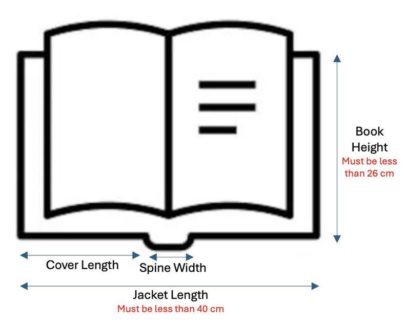 May include: Line drawing of an open book with text and labels indicating measurements. The text reads "Cover Length", "Spine Width", and "Jacket Length must be less than 40 cm". Also, "Book Height must be less than 26 cm".