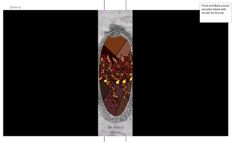 May include: A bookmark with a central design featuring a stylized snake eating its tail, enclosing a fiery, geometric pattern in shades of red, orange, and brown. The text "The Fires of Heaven" is at the bottom. The front and back covers are plain black.