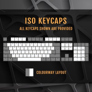 May include: A keyboard layout showing the different keycaps included in the set. The keycaps are white with black lettering. The text "ISO KEYCAPS" and "ALL KEYCAPS SHOWN ARE PROVIDED" is displayed at the top of the image. The text "COLOURWAY LAYOUT" is displayed at the bottom of the image.