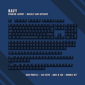 Marinblå bakgrundsbelysta spanska tangentbord - ISO-ES QWERTY-layout - Windows- och Mac-symboler - ABS-material - Lämplig för 60/65/75/80/96/100% tangentbord