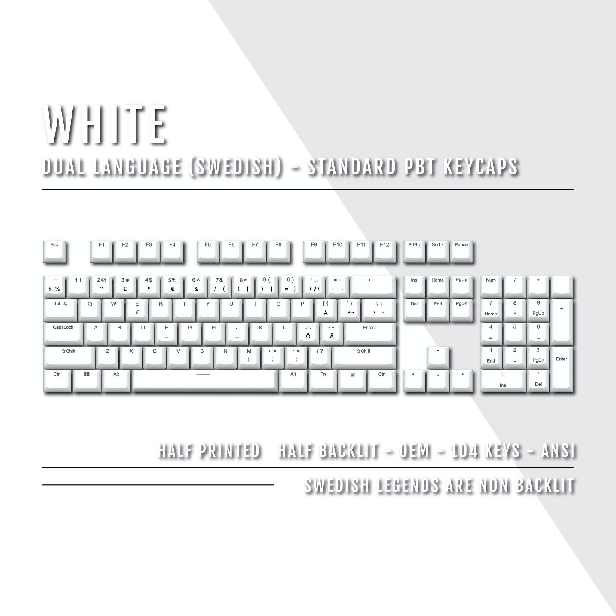 White Swedish Keycaps - ISO-SE - Dual Language Keycaps - Double Shot ...