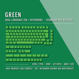 Op de afbeelding: Groene toetsenborddopjes met een tweetalige lay-out voor het VK en Keychron. De toetsenborddopjes zijn gemaakt van PBT-kunststof en zijn half bedrukt en half verlicht. De toetsenborddopjes zijn compatibel met 65% en 75% toetsenborden en bevatten 117 toetsen in ANSI- en ISO-lay-outs.