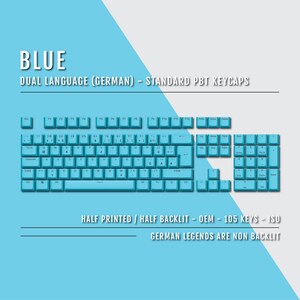 Könnte beinhalten: Blaue Tastenkappen mit deutscher und englischer Beschriftung. Die Tastenkappen sind halb bedruckt und halb beleuchtet. Die Tastenkappen bestehen aus PBT-Kunststoff und sind ISO-Standard. Die Tastenkappen sind für eine 105-Tasten-Tastatur.