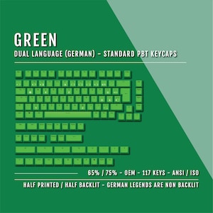 Könnte beinhalten: Grüne Tastaturkappen mit deutscher und englischer Beschriftung. Die Tastenkappen bestehen aus PBT-Kunststoff und sind für 65% oder 75% Tastaturen konzipiert. Die Tastenkappen sind halb bedruckt und halb beleuchtet, wobei die deutschen Legenden nicht beleuchtet sind. Die Tastenkappen sind ANSI/ISO-kompatibel und werden in einem Satz mit 117 Tasten geliefert.