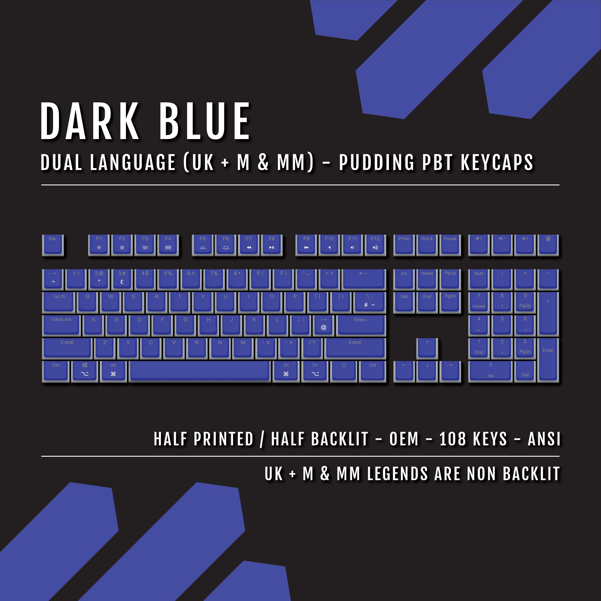 UK Dark Blue Pudding Mac and Multimedia Keycaps - 100% Size - Dual Language Keycaps - Double Shot PBT - ANSI - 2.75U Shift Keycaps