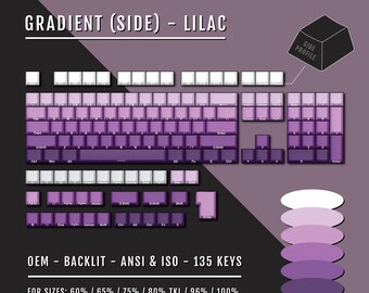 May include: A keyboard keycap set with a gradient of purple and white colors. The set includes 135 keys and is compatible with ANSI and ISO layouts. The keycaps are designed for 60%, 65%, 75%, 80% TKL, 96%, and 100% keyboards.