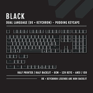 May include: Black keyboard with 129 keys, featuring a dual language layout for UK and Keychron. The keyboard has a pudding keycap design and is half printed and half backlit. The UK and Keychron legends are not backlit.