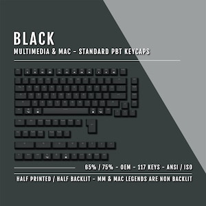 US Black Mac and Multimedia Keycaps - 65/75% Sizes - Dual Language Keycaps - Double Shot PBT - Ansi & Iso Available - 1.75U Shift Keycaps
