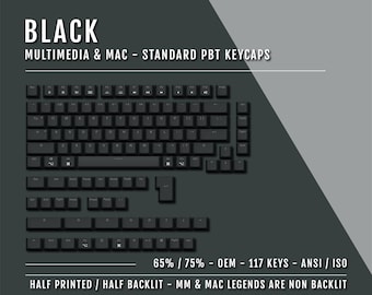 US Black Mac and Multimedia Keycaps - 65/75% Sizes - Dual Language Keycaps - Double Shot PBT - Ansi & Iso Available - 1.75U Shift Keycaps