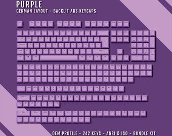 Purple Backlit German Keycaps - ISO-DE QWERTZ Layout - Windows & Mac Symbols - Abs Material - Suitable for 60/65/75/80/96/100% Keyboards