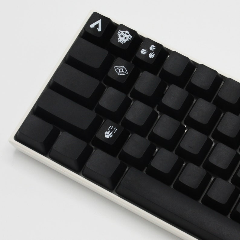 May include: A black mechanical keyboard with white keycaps featuring various symbols and icons, including a skull, a paw print, and an eye. The keyboard has a white frame and a black space bar.