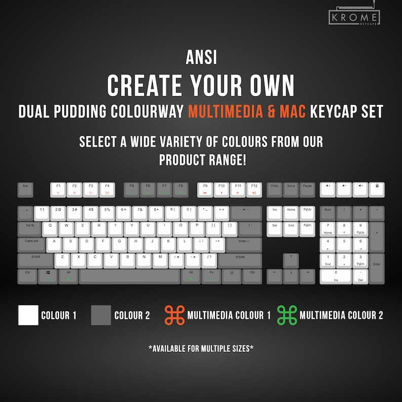 May include: A keyboard with white and gray keycaps. The image includes text that reads "ANSI CREATE YOUR OWN DUAL PUDDING COLOURWAY MULTIMEDIA & MAC KEYCAP SET". The keyboard has multimedia keys and is available in multiple sizes.