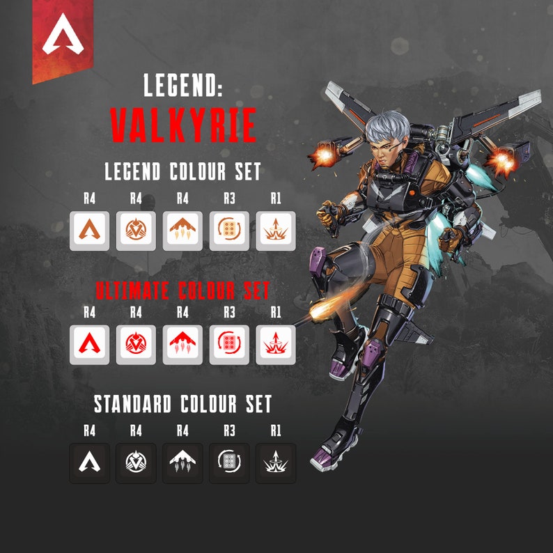 May include: A digital illustration of the Apex Legends character Valkyrie. The image shows Valkyrie in her default skin, with her jetpack and weapons. The image also includes a color chart showing the different color options for her character and abilities.