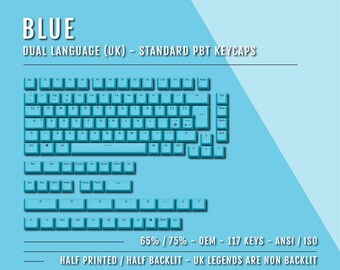 Könnte beinhalten: Blaue PBT-Tastenkappen für ein 65% oder 75% Tastaturlayout. Die Tastenkappen sind halb bedruckt und halb beleuchtet. Die Tastenkappen verfügen über UK-Legenden, die nicht beleuchtet sind. Die Tastenkappen sind mit ANSI- und ISO-Layouts kompatibel.