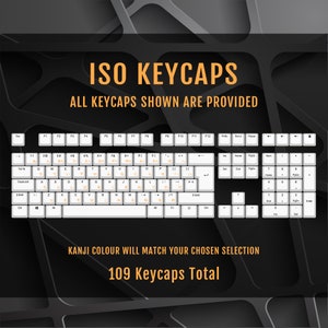 May include: A white keyboard with black keys and a black background. The keyboard has 109 keycaps and includes function keys, number keys, and arrow keys. The text "ISO KEYCAPS" and "109 Keycaps Total" are displayed on the image.