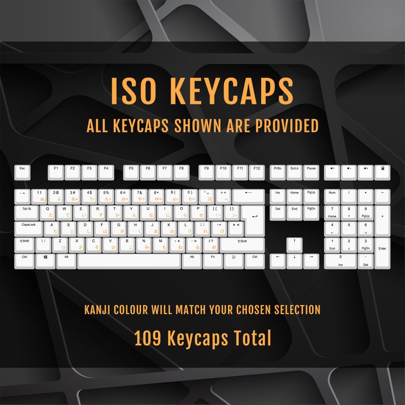 May include: A white keyboard with black keys and a black background. The keyboard has 109 keycaps and includes function keys, number keys, and arrow keys. The text "ISO KEYCAPS" and "109 Keycaps Total" are displayed on the image.