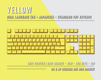 May include: A yellow keyboard with a dual language layout, featuring both UK and Japanese characters. The keyboard has a half-printed, half-backlit design, with the UK and Japanese legends being non-backlit. The keyboard is made of PBT keycaps and includes 105 keys in an ISO layout.