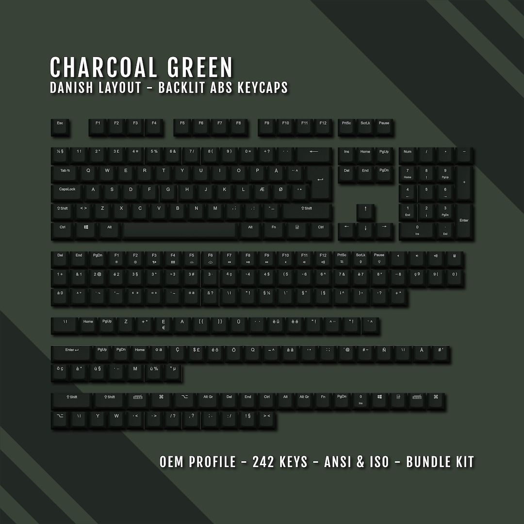 Charcoal Green Backlit Danish Keycaps ISO-DK QWERTY Layout Windows ...